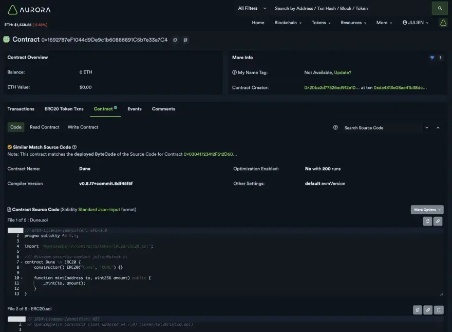 Imagem mostrando o contrato na Aurora