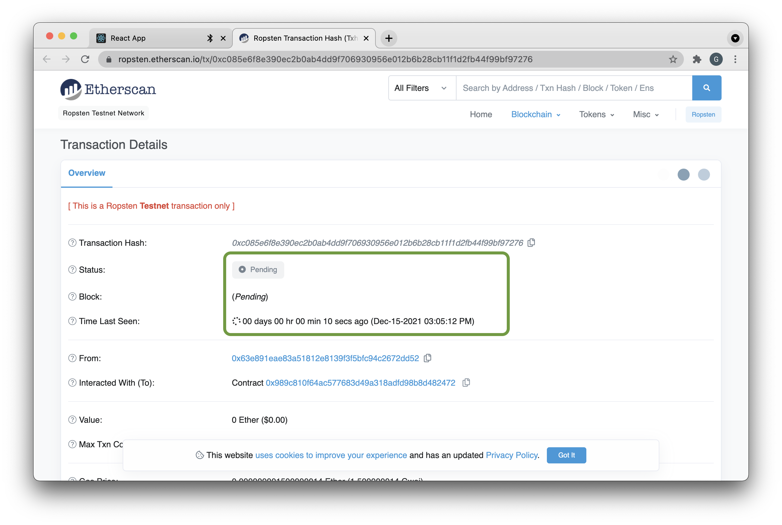 Fig. 15: Ropsten Etherscan
