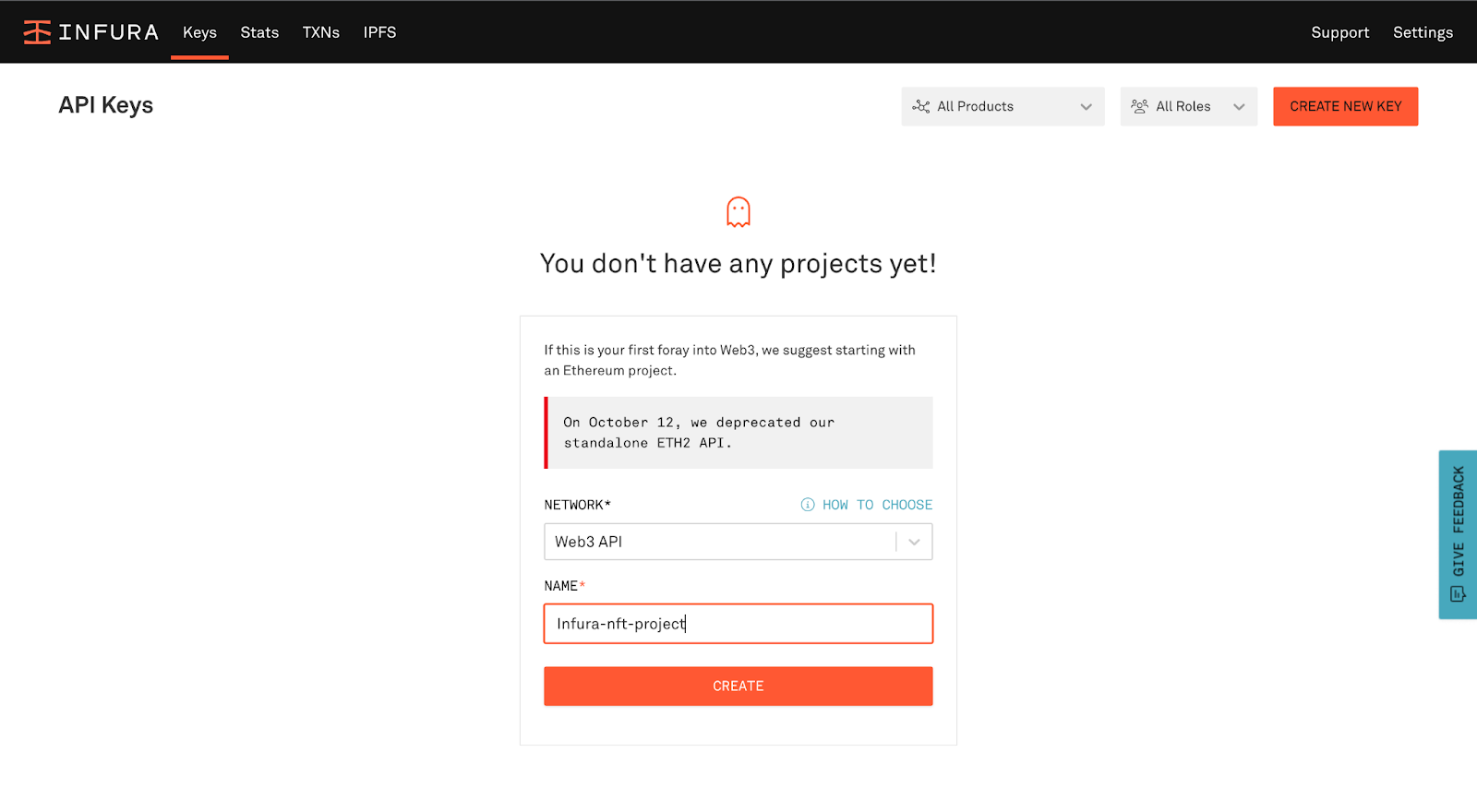 Painel de controle do infura