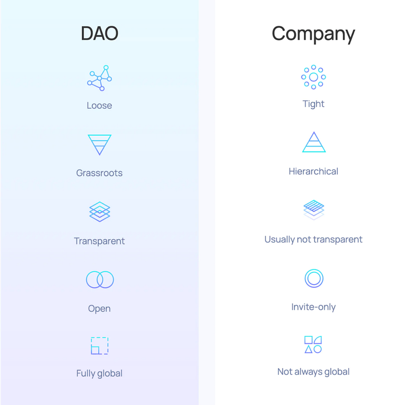Imagem contem algumas descrições que diferenciam uma DAO de uma empresa