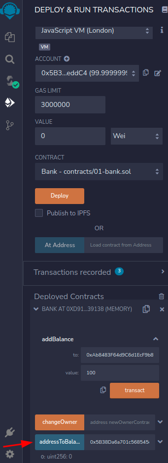 Utilizando a função addressToBalance do contrato 01-bank.sol após depósito