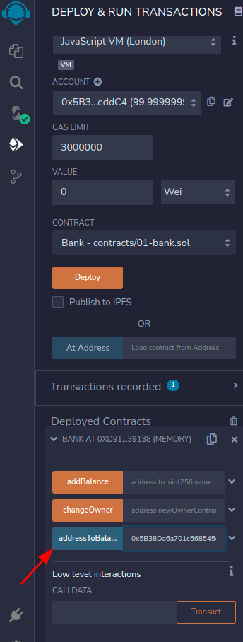 Utilizando a função addressToBalance do contrato 01-bank.sol