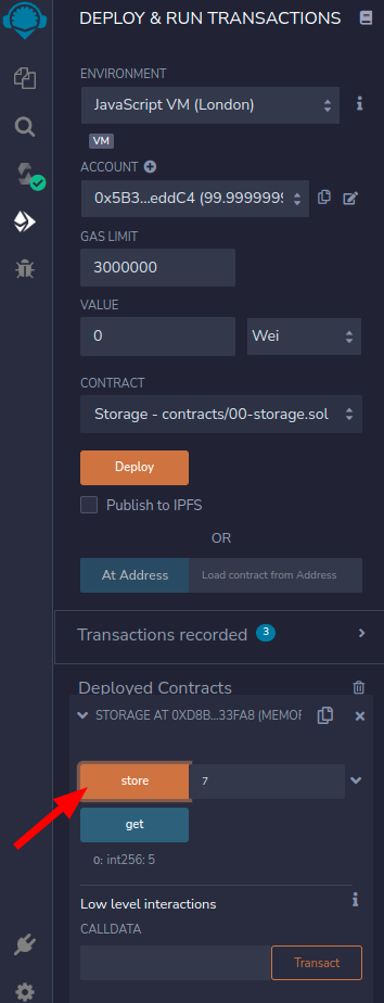 Utilizando a função store do contrato 00-storage.sol para salvar um novo número