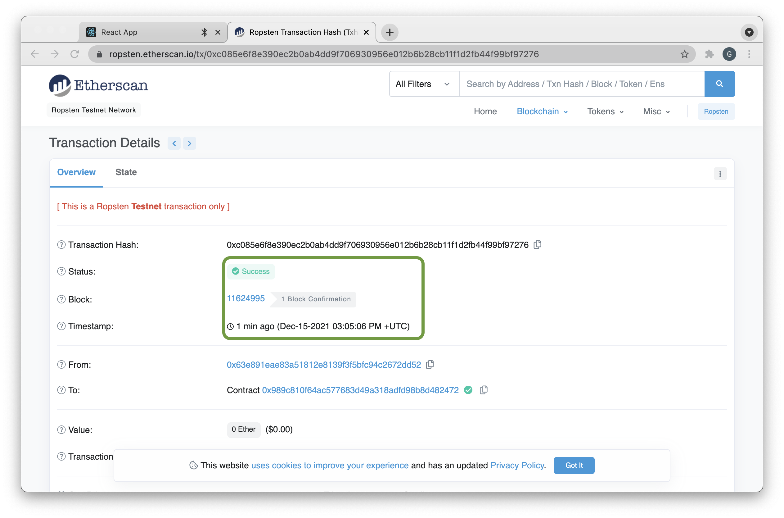 Fig. 16: Ropsten Etherscan

