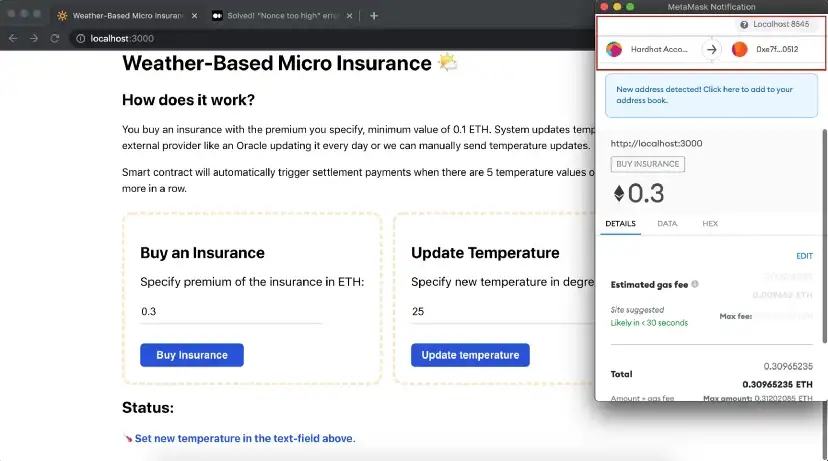Mostra a metamask pedindo a autorização do usuário para fazer a transação