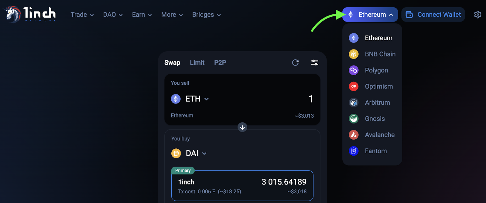 Imagem mostra a troca de redes na plataforma da 1inch