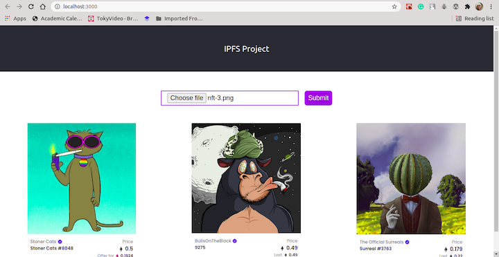 Interface do usuários exibindo as imagens recuperadas do IPFS