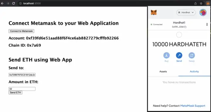 Interface Metamask para transação