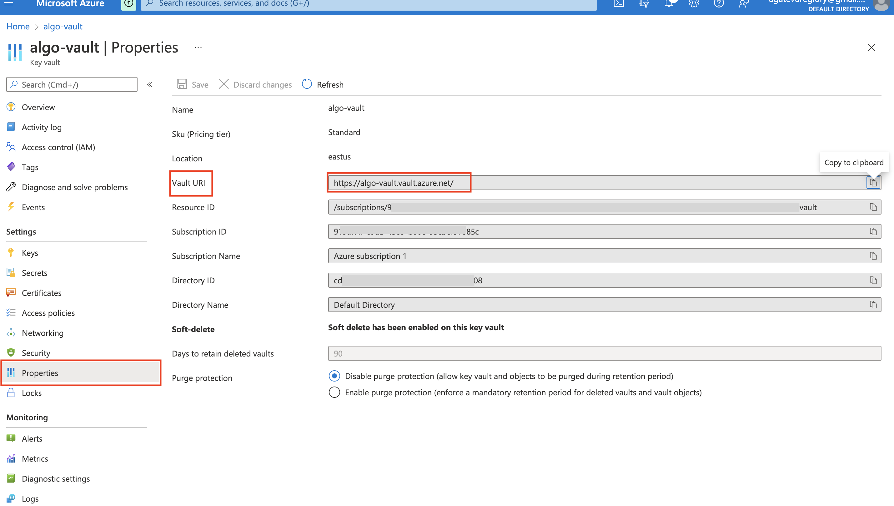Fig 4-5 Propriedades do Key Vault