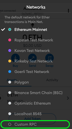 Imagem mostra que abaixo de todas as opções de rede existe a opção Custom RPC