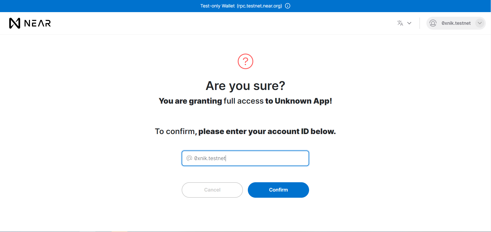 Confirmando autorização de acesso da NEAR