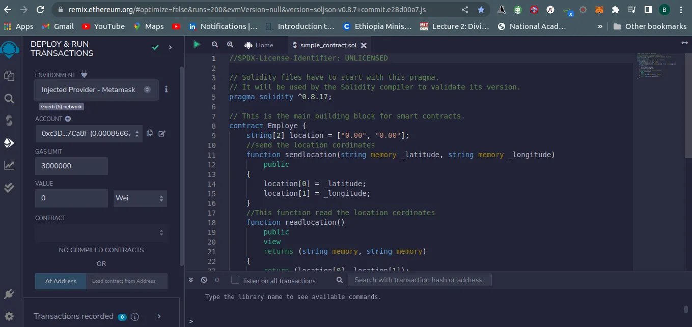 Página mostrando a utilização do solidity no Remix para escrever o contrato inteligente