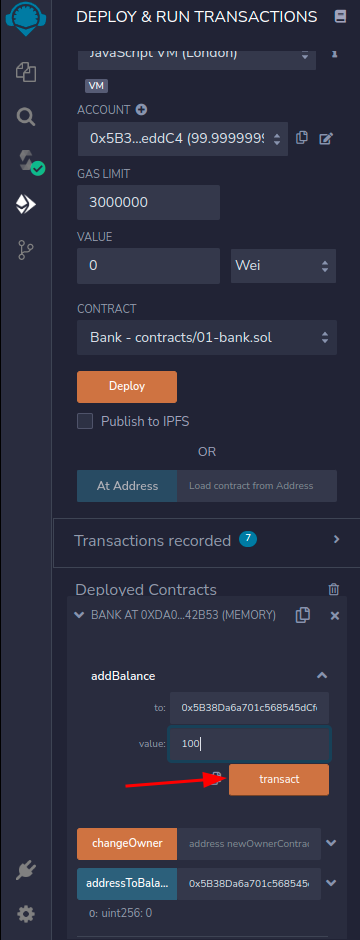 Utilizando a função addBalance