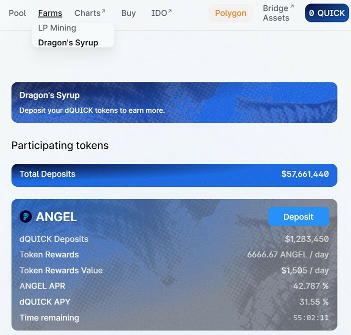 QUICK QUICK(/images/bdd5ca7c33b0.jpg)
Depois de fazer stake dos seus tokens QUICK no Covil dos Dragçoes, você receberá tokens dQUICK.
Quando você faz o unstake/saque, os tokens dQUICK serão encerrados e você receberá mais tokens QUICK.
Você pode fazer o stake de seus tokens dQUICK em qualquer pool do Dragon’a syrup e ganhar outros tokens além dos seus ganhos em QUICK.
![3 RET