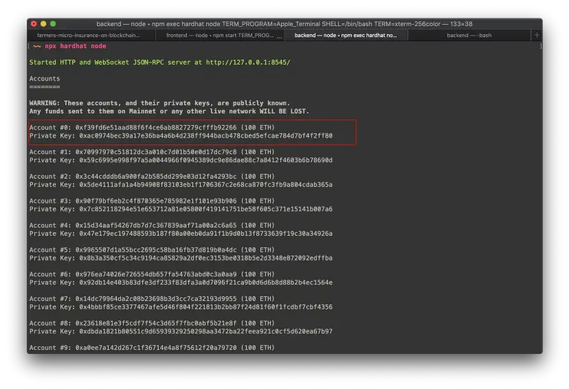 mostra contas falsas geradas pelo hardhat