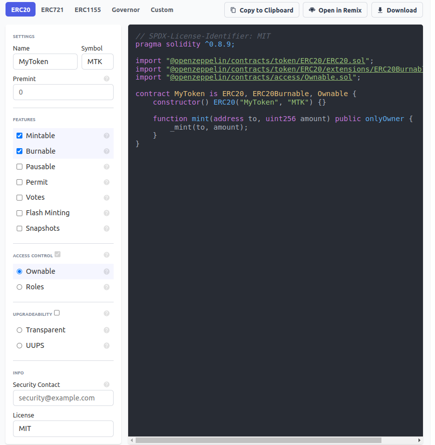 Exemplo de contrato ERC20 no Contracts Wizard