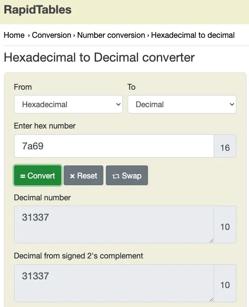 Conversão de Hexadecimal para decimal