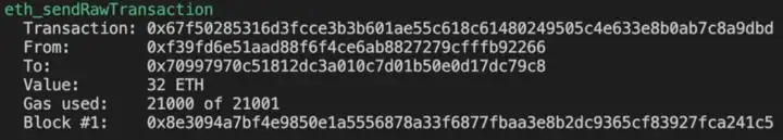 Console da rede Hardhat para o registro da transação de entrada 