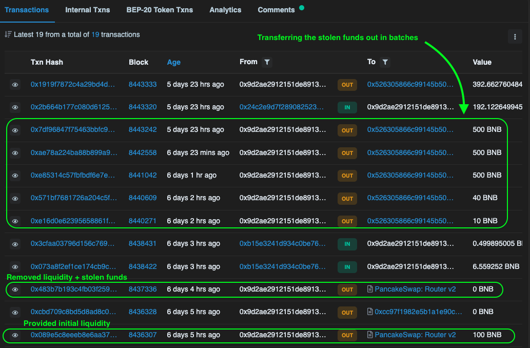 Detalhes de transação token scam