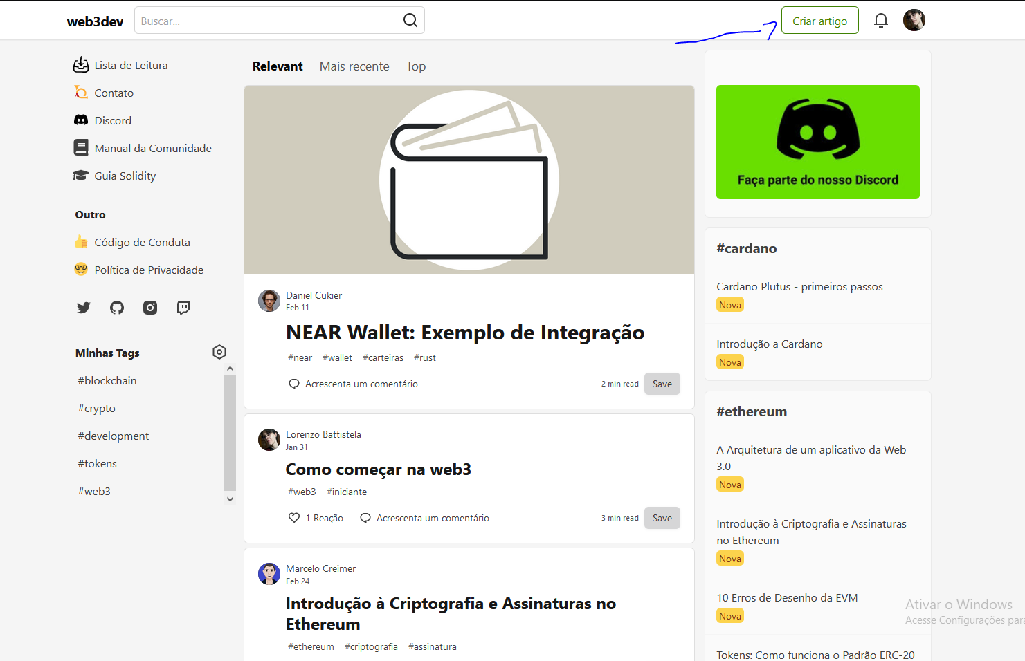 página de criação de artigo