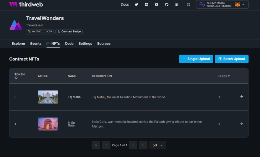 Seção de NFTs no Painel