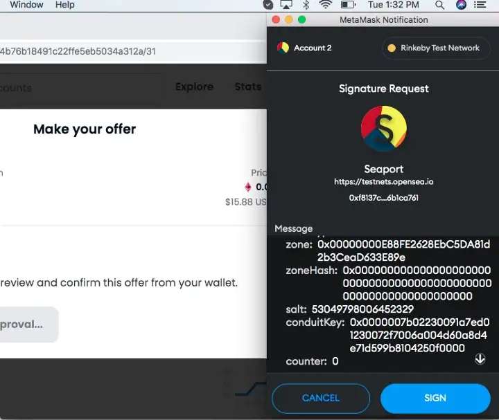 Mostra uma requisição para que você assine o detalhe do NFT com o preço que você ofereceu
