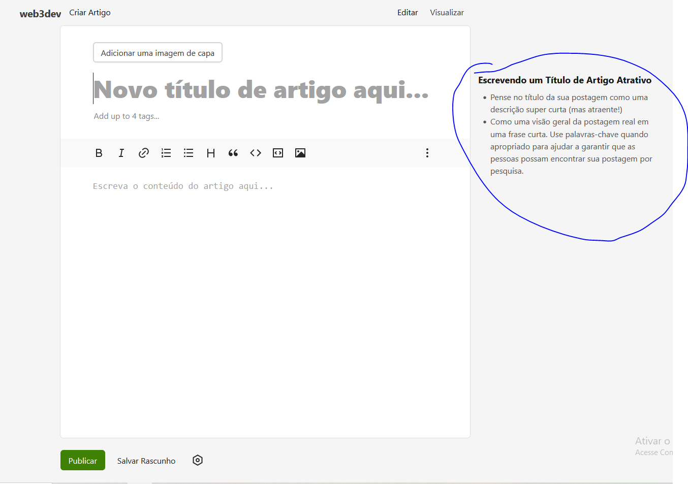 editor de artigo com explicação na direita