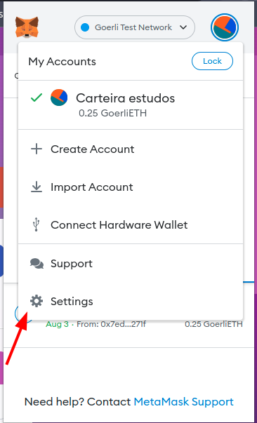 Entrando nas configurações da metamask