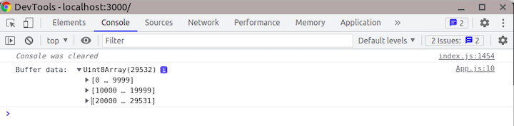 Visualização no console do navegador do resultado da conversão para o tipo Uint8Array