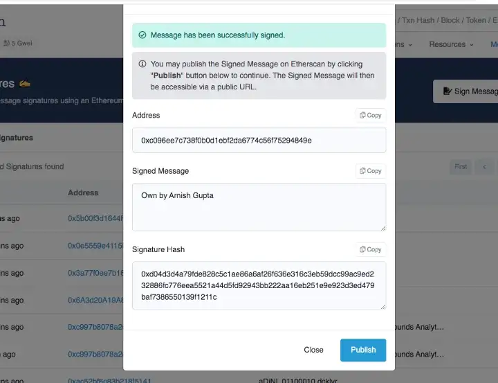 Mostra que sucesso na assinatura e também mostra o hash da assinatura