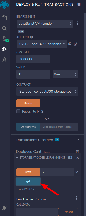 Utilizando a função get do contrato 00-storage.sol após salvarmos um novo número