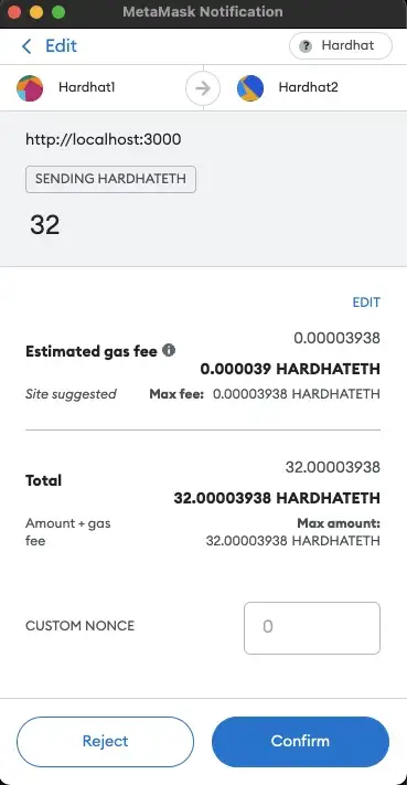 Confirmação de transação Metamask