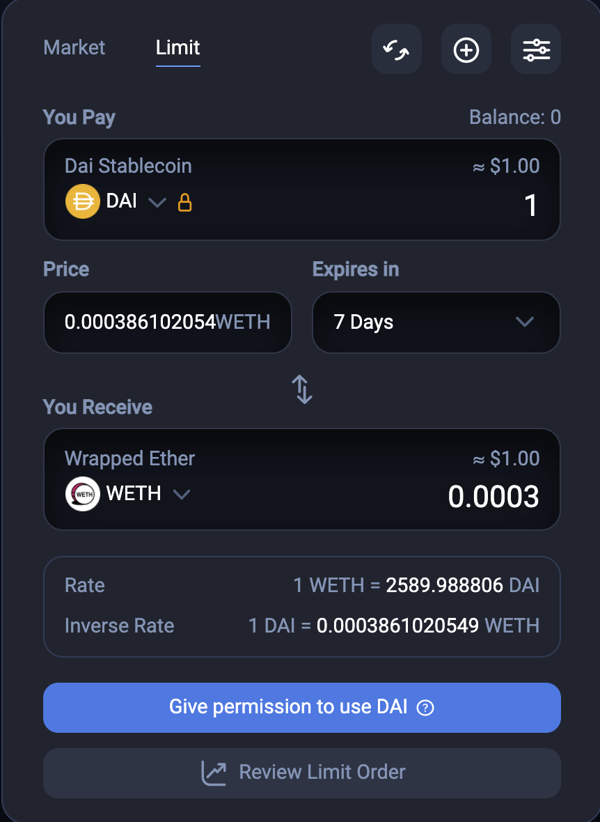 Imagem mostra como criar uma ordem de limite na 1inch