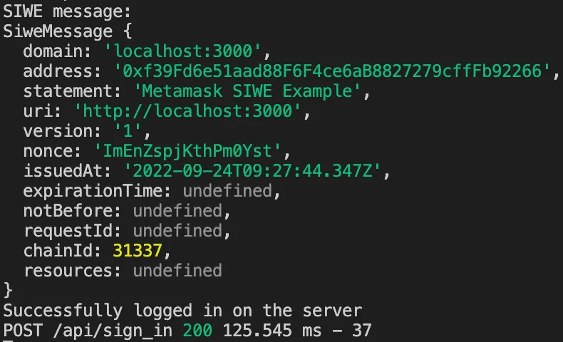 mensagem mostrada no _console_ do servidor